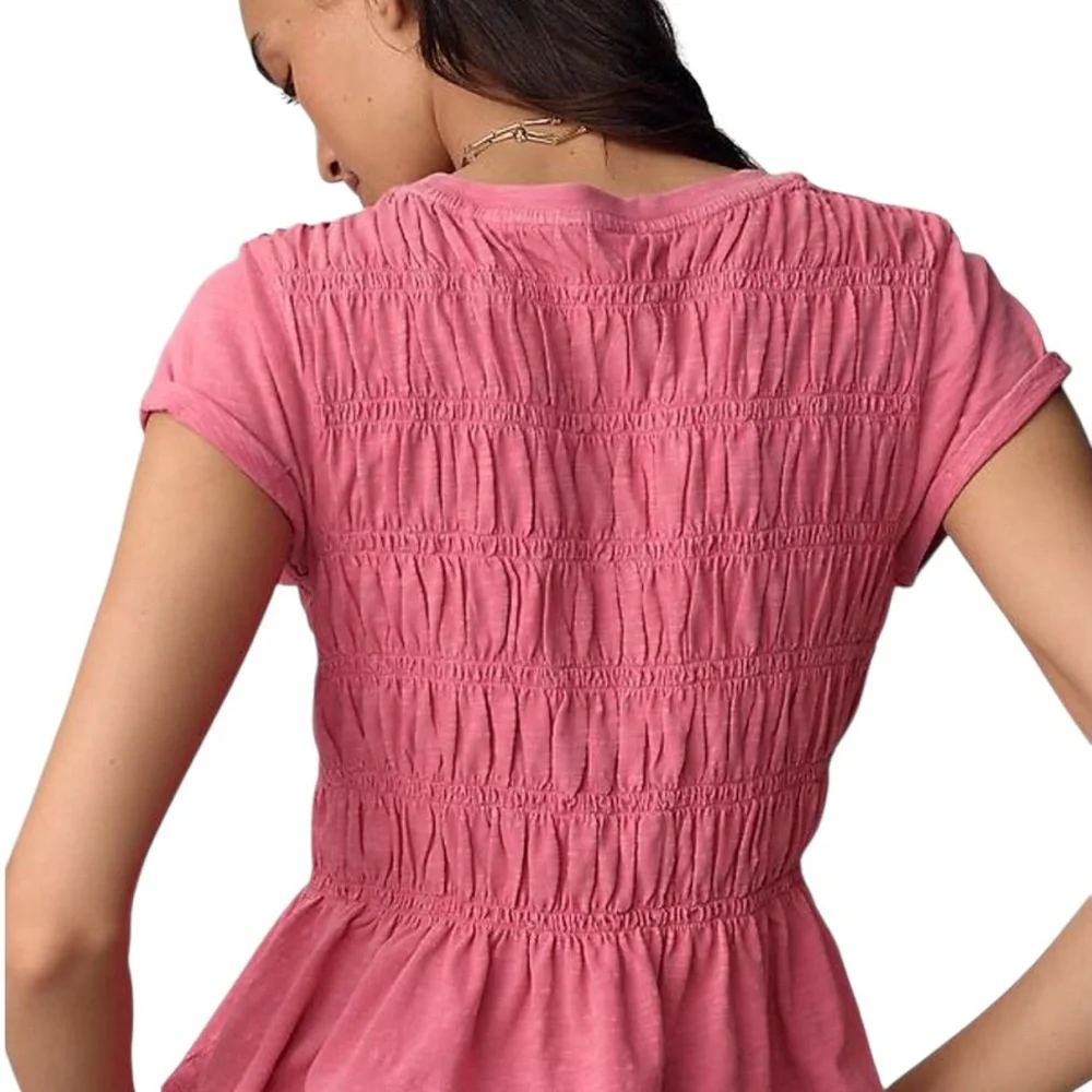 Anthropologie Pilcro Garment Dyed Ruched Crew Neck Cap Sleeve Tee - Picture 2 of 6